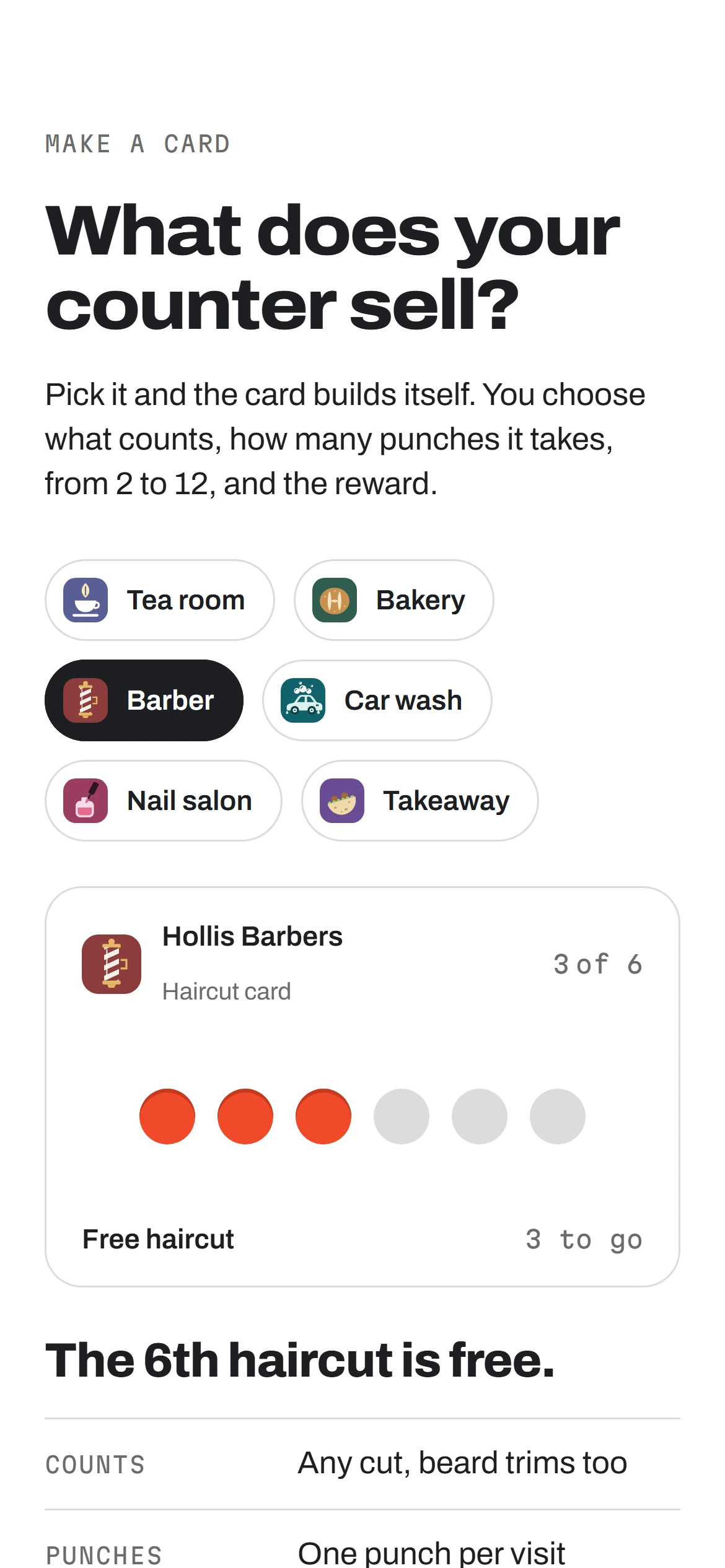 The Redeo card builder on a phone: pick what the counter sells, and a barber's six-punch card builds itself.