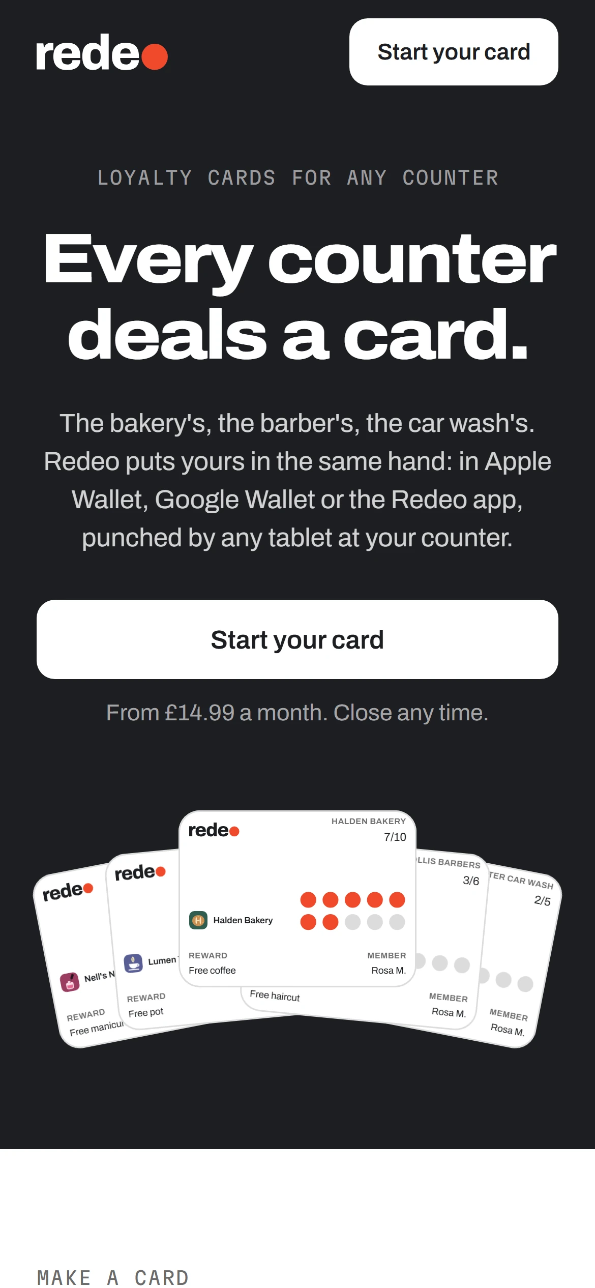 getredeo.com on a phone: “Every counter deals a card.”, with a fan of punch cards.