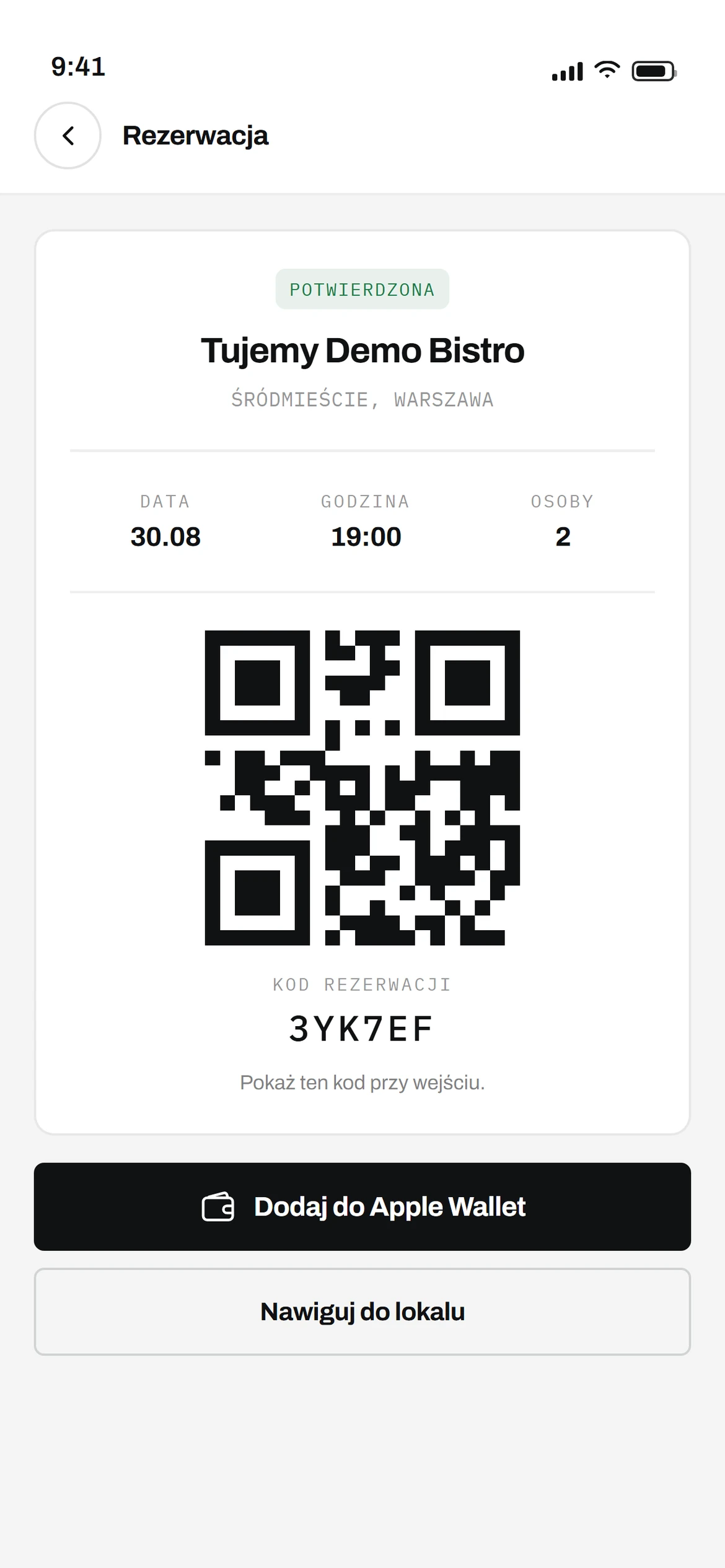The Tujemy iOS app: a confirmed booking for two at 19:00, with the reservation QR code and an Add to Apple Wallet button.