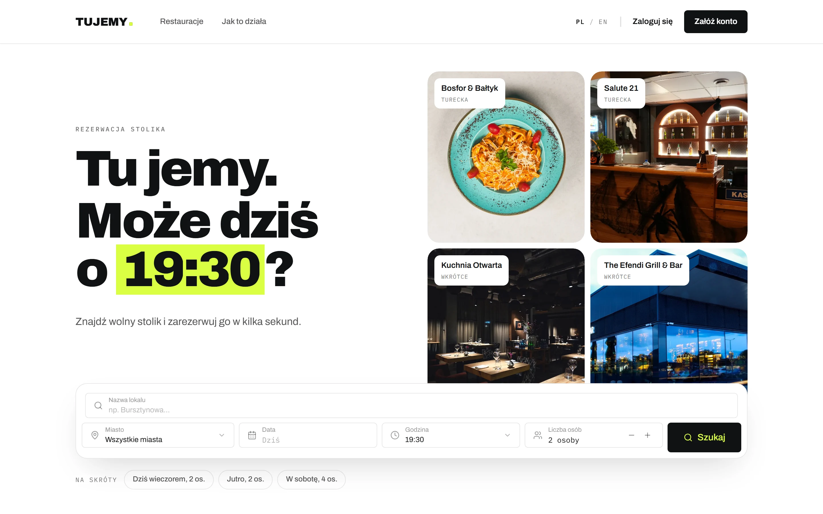 The tujemy.pl homepage: “Tu jemy. Może dziś o 19:30?”, with restaurant photos and a table search by city, date, time and party size.